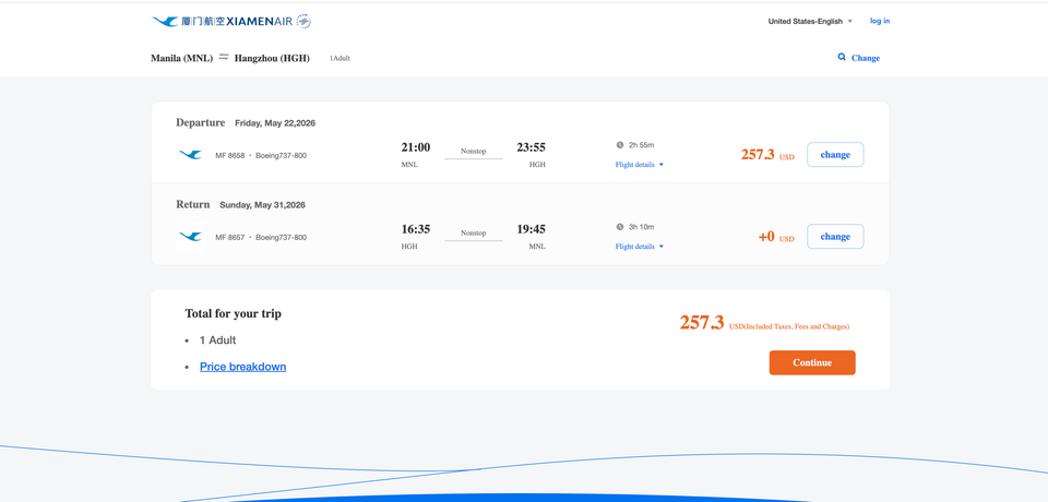Here's a sample booking for Manila-Huangzhou via Xiamen Airlines